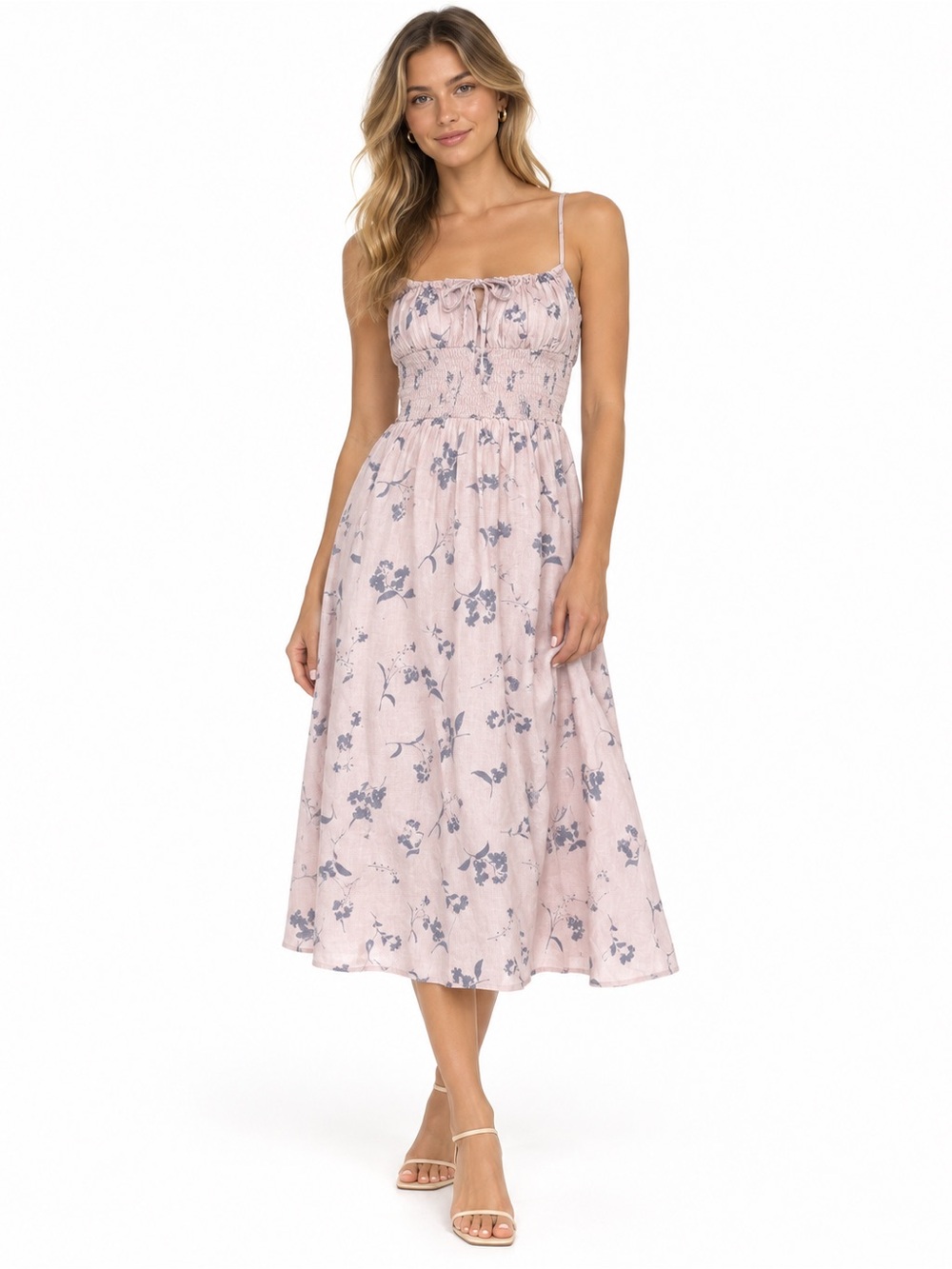Aritzia Wilfred Pink Floral Organic Linen Smocked Midi Dress Size S